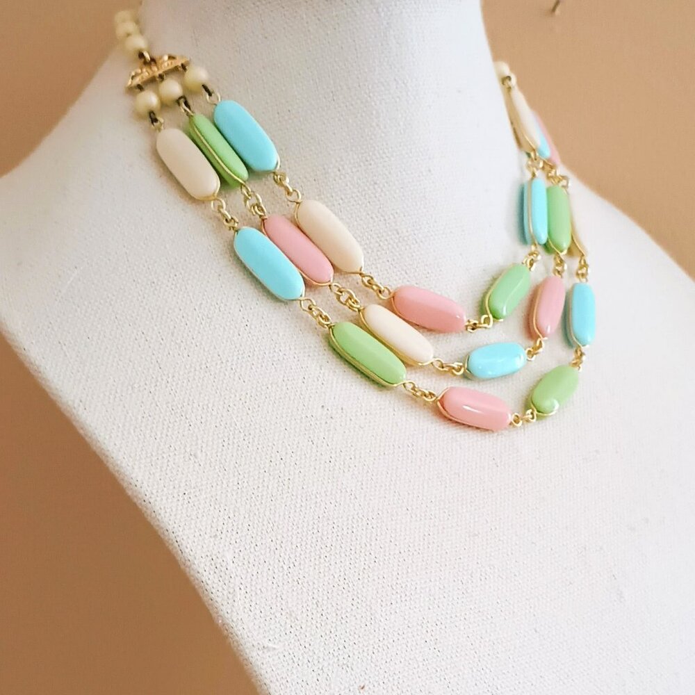 Vtg Triple Strands Collar Necklace 15" Cotton Candy Gold Wired Glass Beads